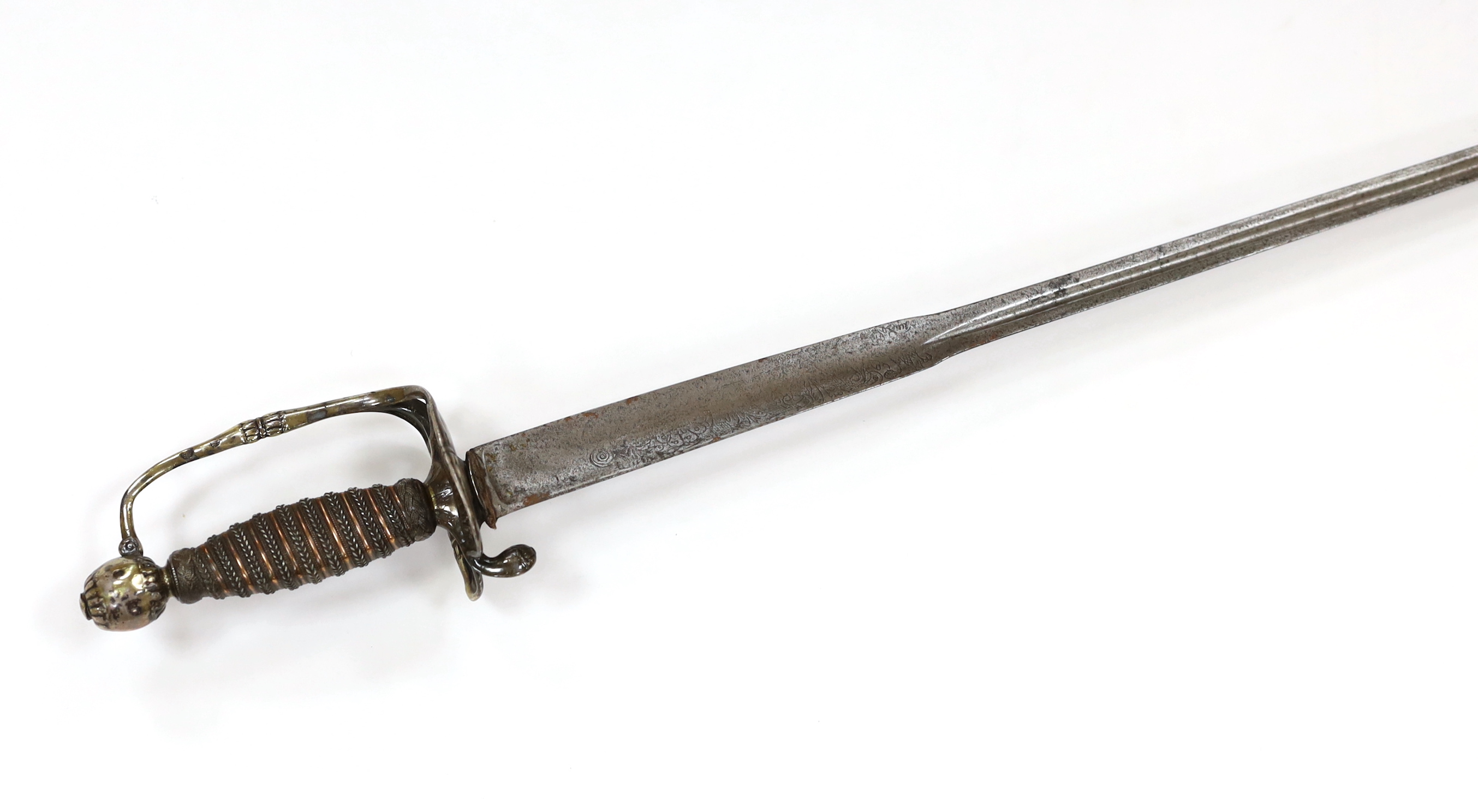 An English hallmarked silver hilted small sword, late 17th century, the Charles II hilt by William Badcock, London 1680, of conventional form, later grip bound with copper tape and twisted silver wire, colichemarde shape